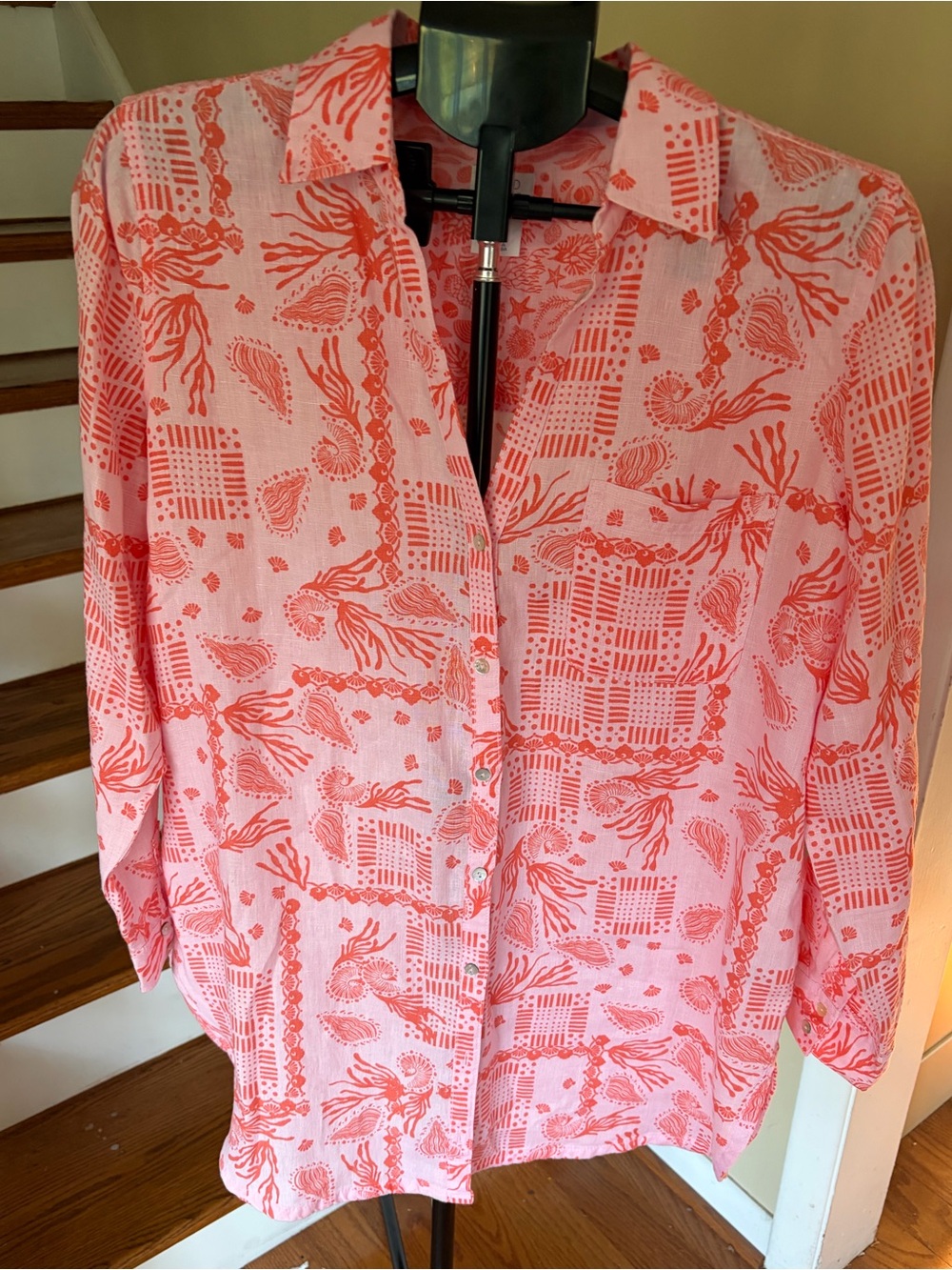 Sigrid Olsen 100% Linen Seashell Coral Print Button Down Shirt M Coastal Beach
